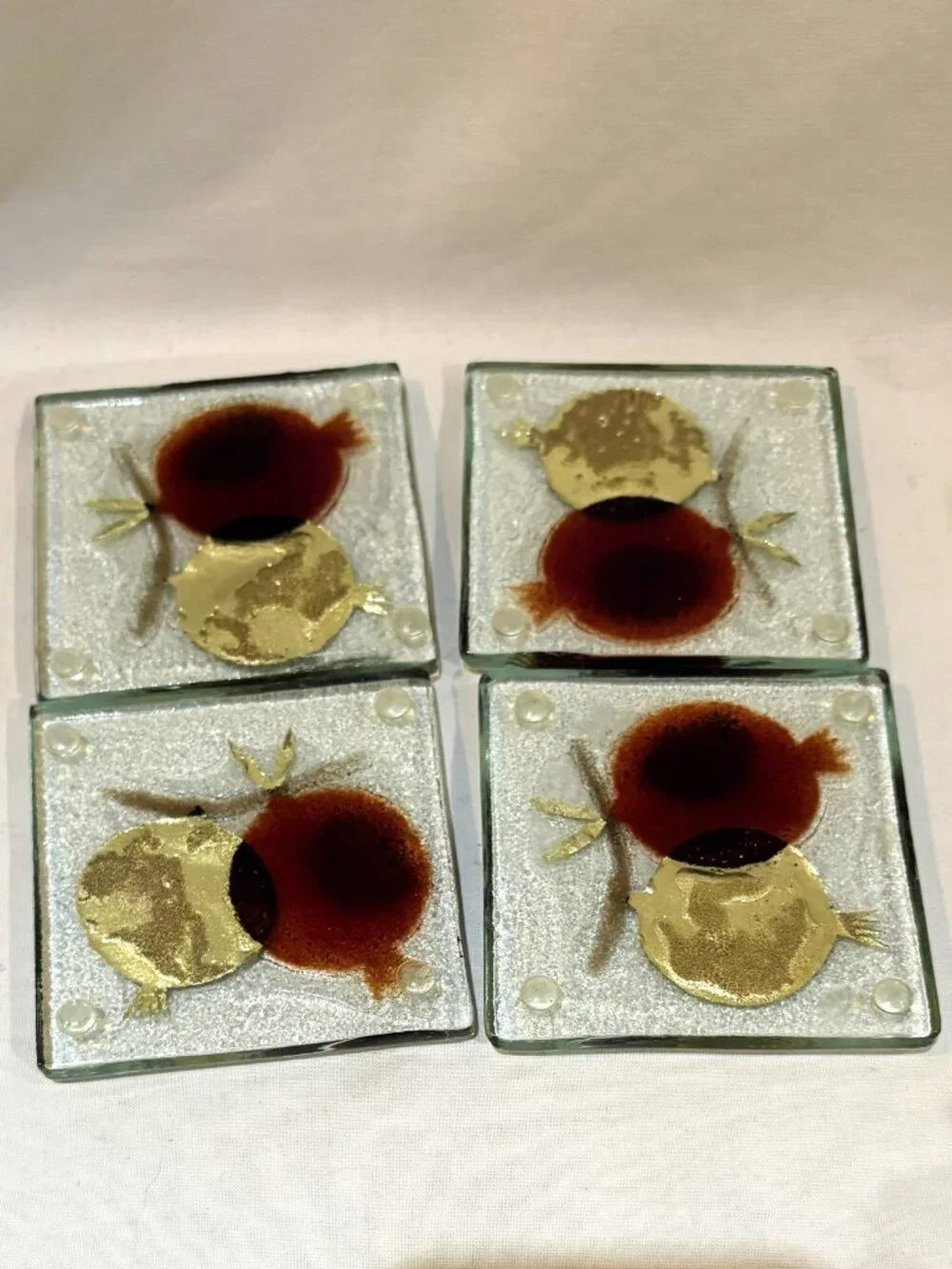 Set of 4 Hand Made Fused Glass Metallic Foil Coasters Pomegranates